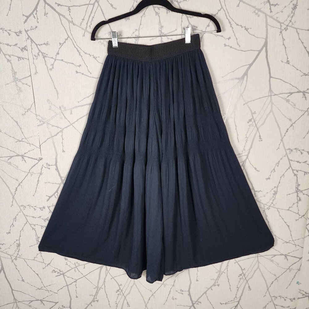 Zara Navy Crinkle Pleated Chiffon Pull On Flowy Palazzo Pants